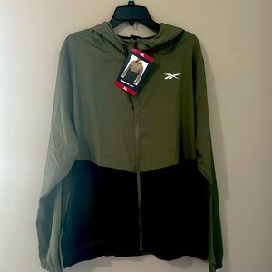 New Reebok men’s green, full zip training, woven jacket hooded, color block XL
